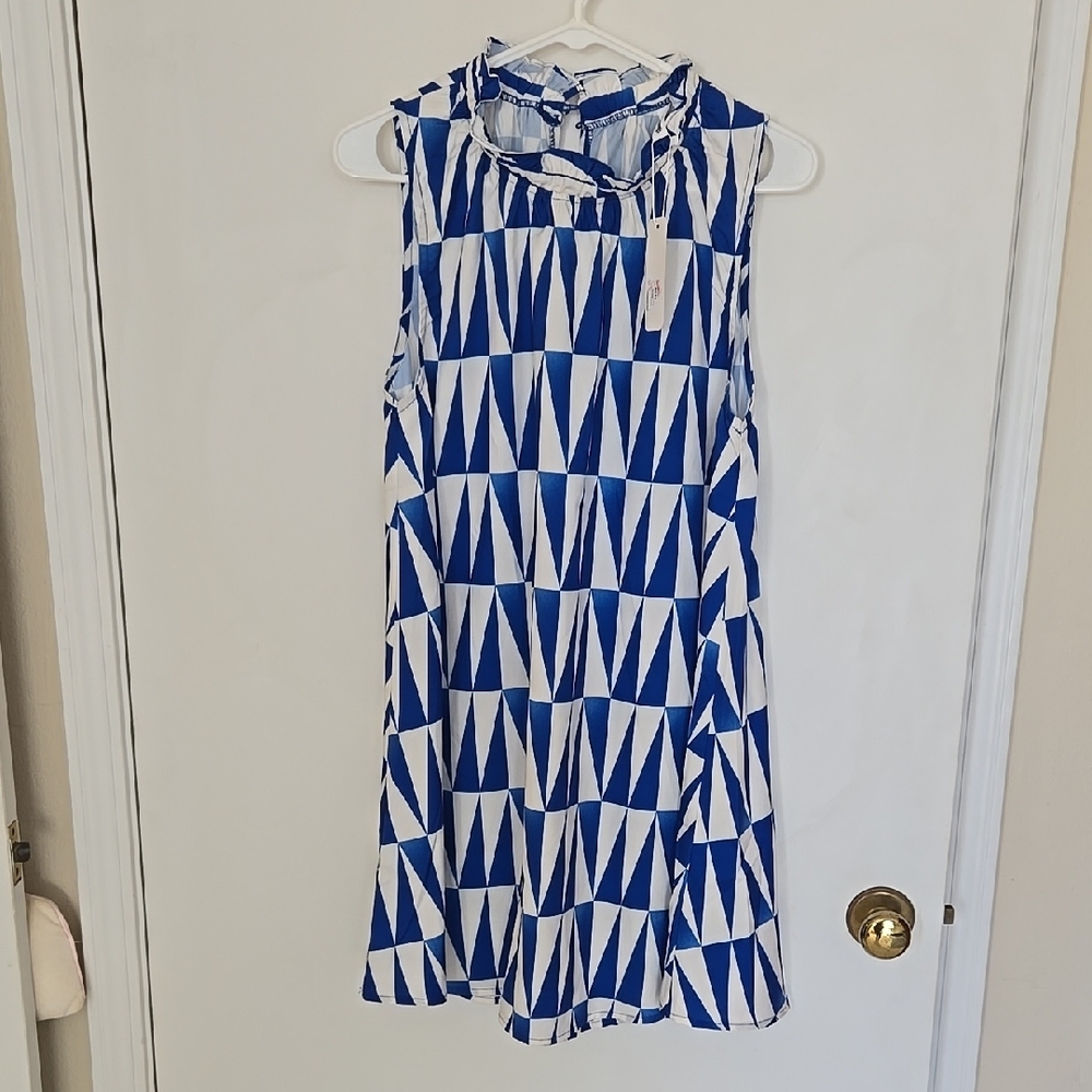 Blue and White Geometric Sleeveless Dress